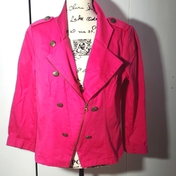 Twiggy London- Women's Bright Pink Coat Jacket Metal buttons Moto Sz.Large - Picture 1 of 7